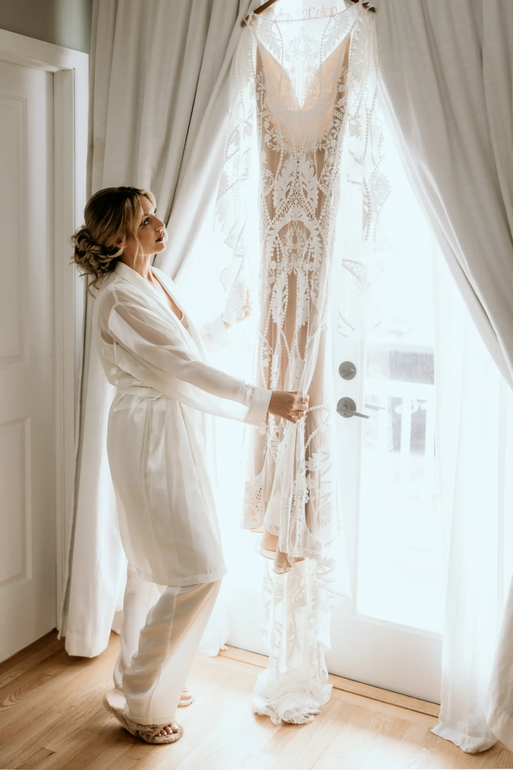 Nude and White Lace Boho Sheer Long Sleeve Fiti and Flare RueDeSeine Wedding Dress Inspiration | Messy Bun Updo Bridal Hair Ideas