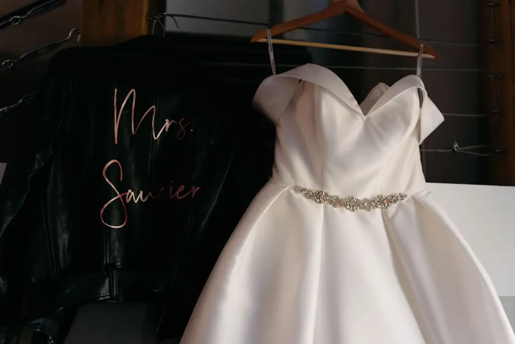 Off-The-Shoulder Satin A-Line Essence of Australia Ballgown Wedding Dress with Crystal Belt Inspiration