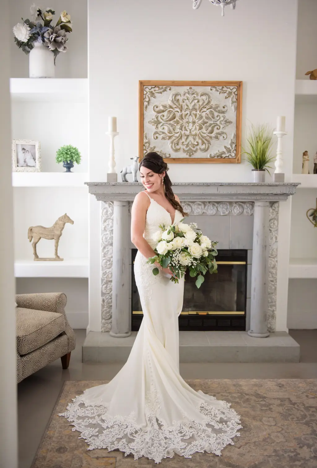 Elegant Bridal Wedding Hair and Makeup Ideas | Tampa Bay Artist Adore Bridal | Bride Getting Ready Wedding Portrait | White Lace and Satin Fit and Flare Stella York Wedding Dress Inspiration
