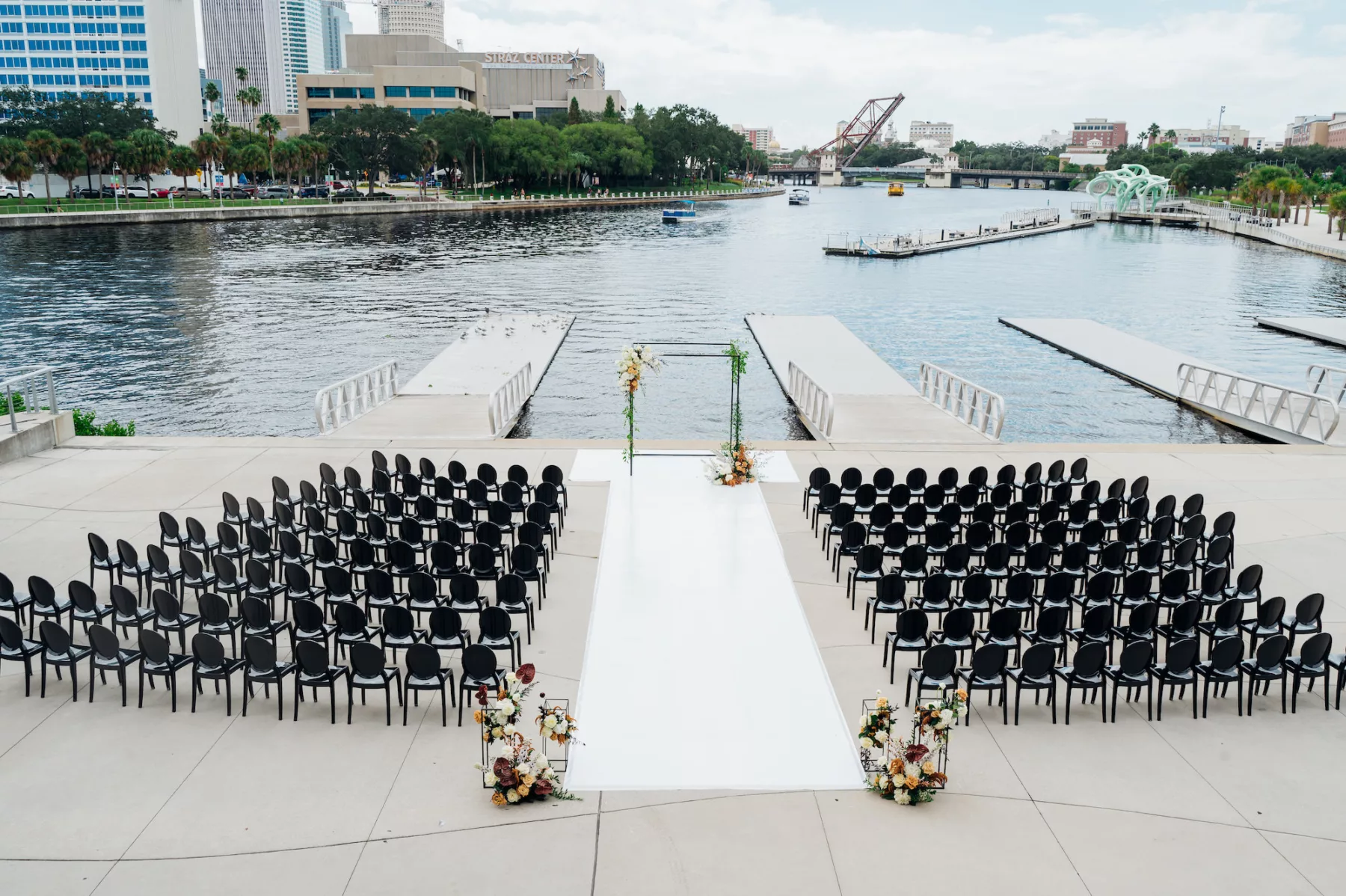 Waterfront Black and White Dock Wedding Ceremony Ideas | Event Venue Tampa River Center | Rentals A Chair Affair