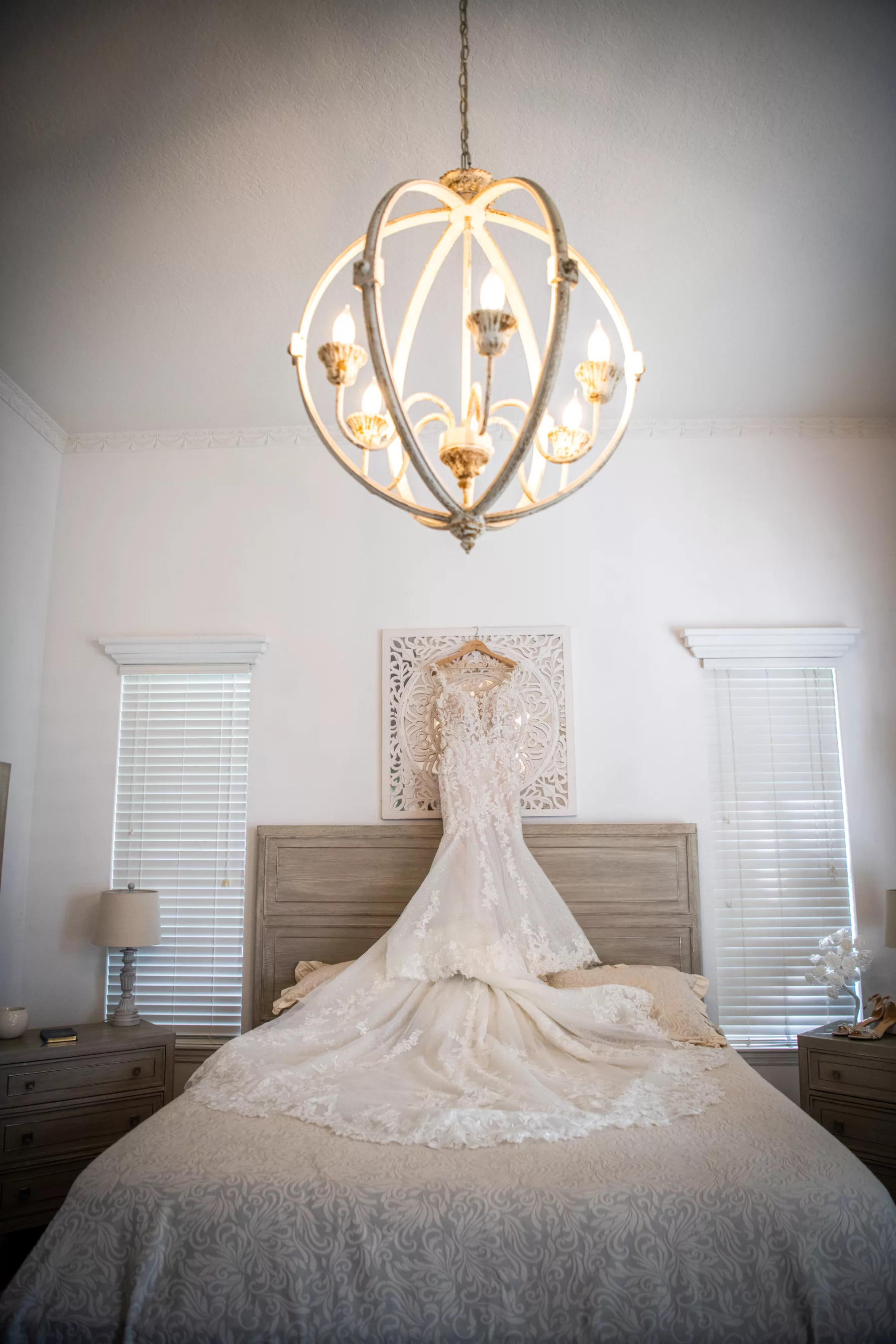 Bridal Estate Get Ready Room Ideas | Ivory Lace Illusion Off The Shoulder Open Back Mermaid Wedding Dress Inspiration