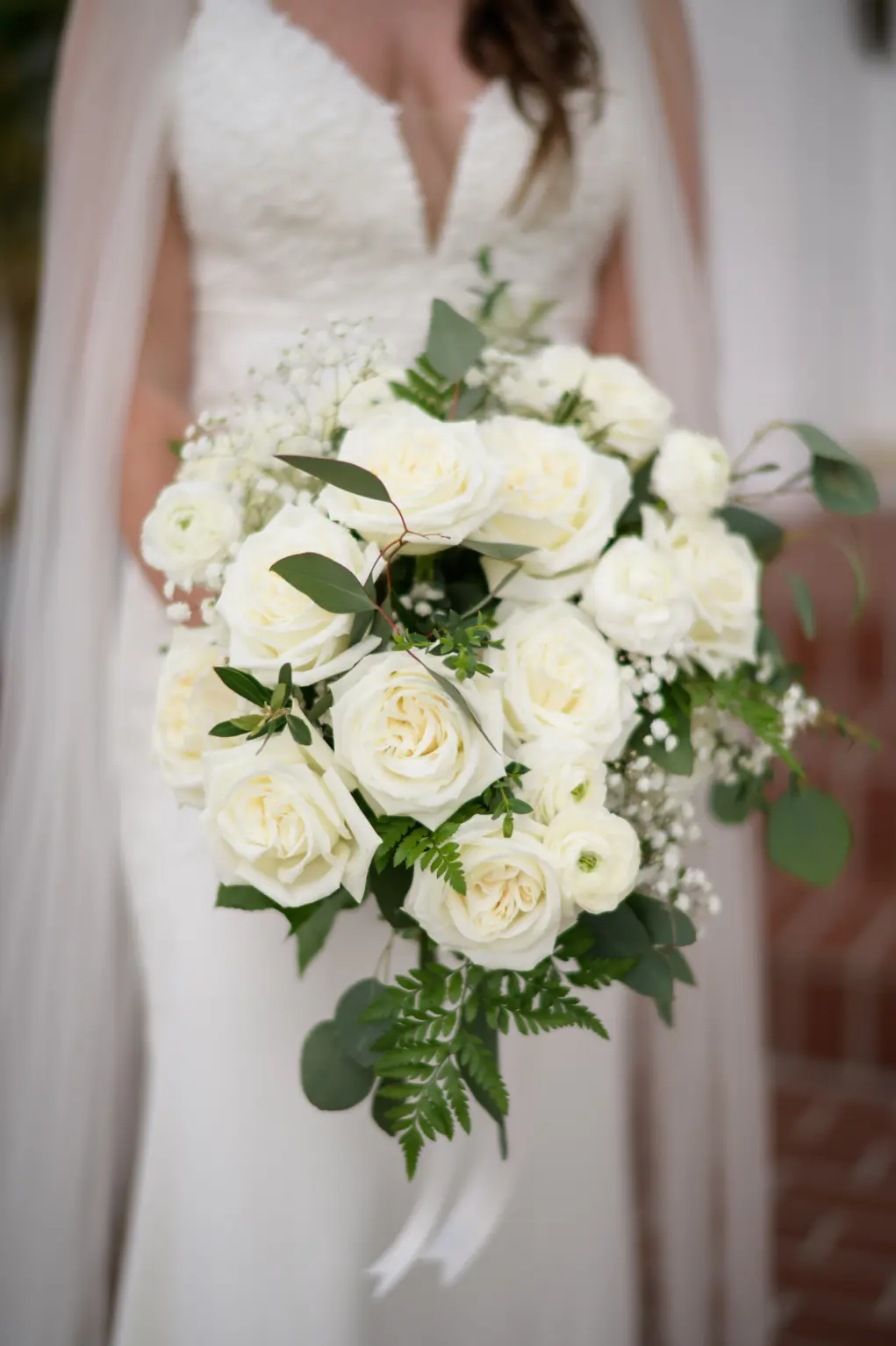 Classic White Roses, Baby's Breath, Anemone, and Greenery Bridal Wedding Bouquet Inspiration