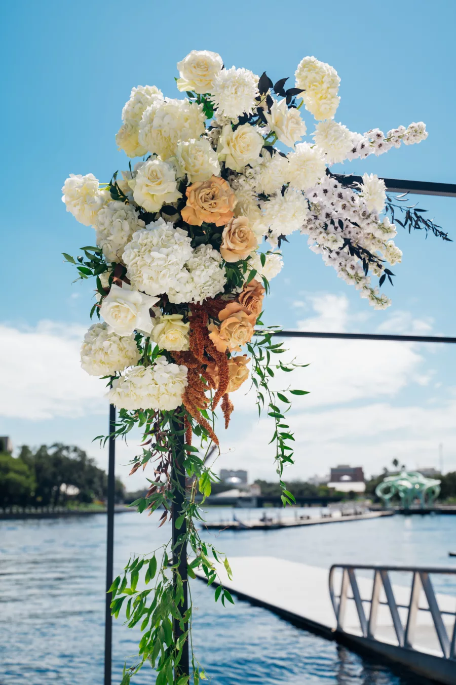 White Hydrangeas, Orange Roses, Orange Veronica, and Greenery Wedding Ceremony Altar Arch Flower Arrangement Decor Ideas