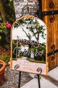 Vintage Gold Mirror with Handlettered Welcome Wedding Ceremony Sign Ideas
