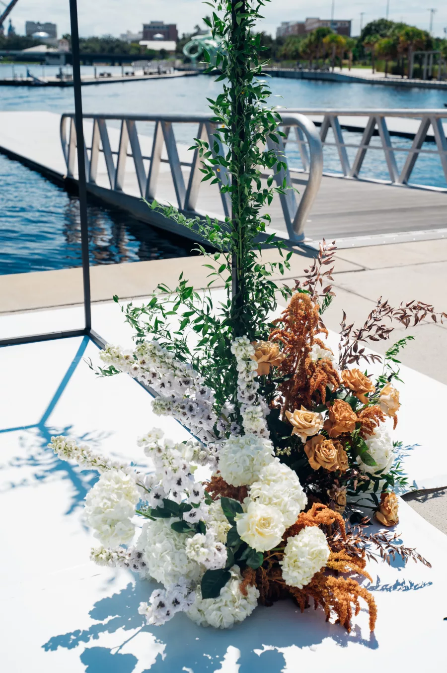 White Hydrangeas, Orange Roses, Orange Veronica, and Greenery Fall Wedding Ceremony Altar Arch Flower Arrangement Decor Ideas
