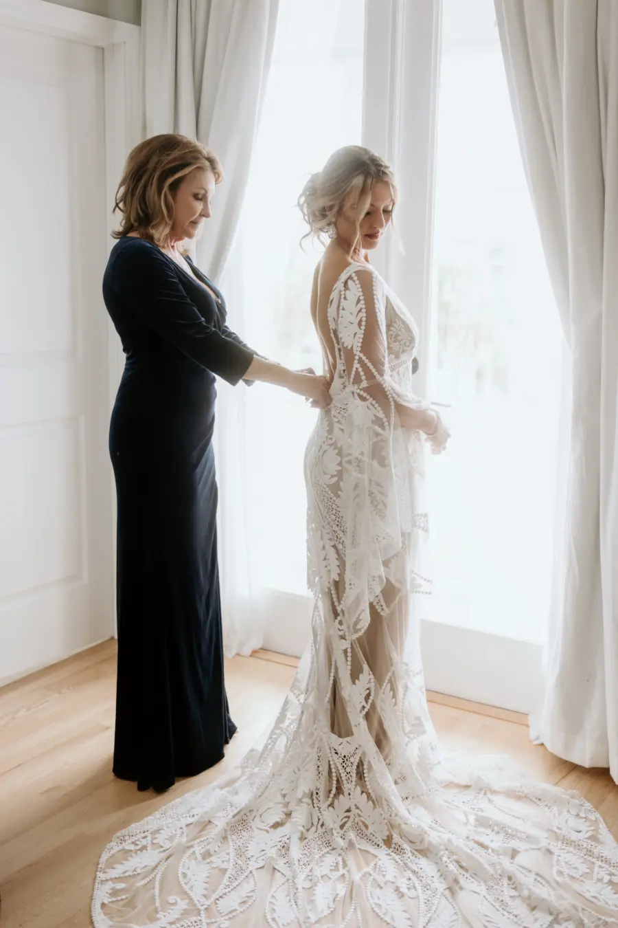 Nude and White Lace Boho Sheer Long Sleeve Fiti and Flare RueDeSeine Wedding Dress Inspiration | Black Mother of the Bride Dress Ideas