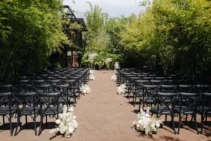 Black Crossback Chairs for Great Gatsby Inspired Wedding Ceremony | Bamboo Garden at St Pete Event Venue Nova 535 | Monochromatic Floral Aisle Decor Inspiration