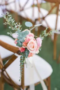 Pink and Peach Roses with Greenery Chair and Aisle Floral Arrangements Ideas for Garden Boho Wedding Ceremony
