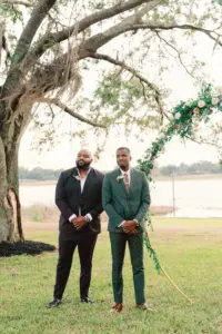 Rustic Lakeside Wedding Ceremony Ideas | Groom's Green Suit Inspiration