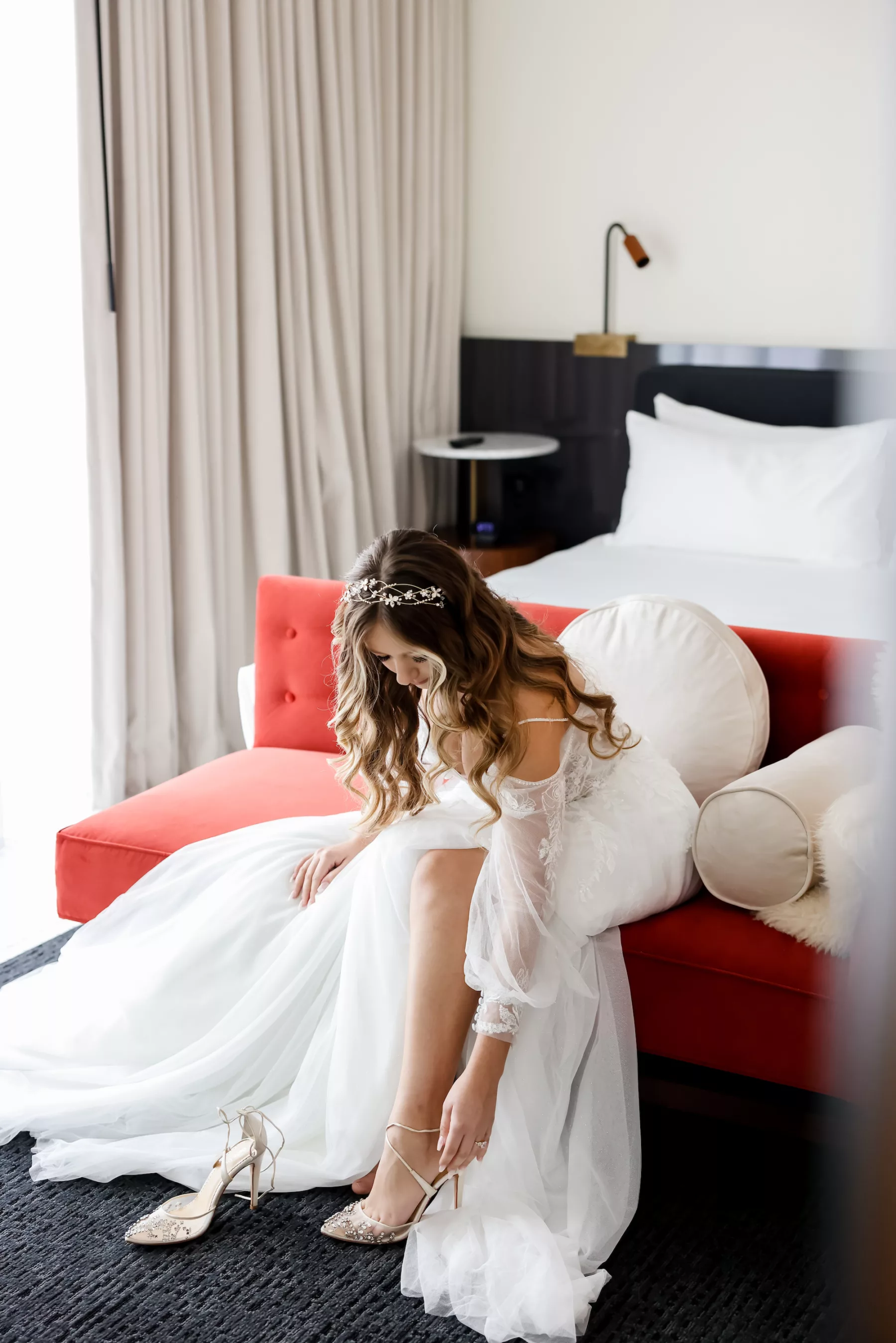 Bride Getting Ready Wedding Portrait | Crystal Flower Headband Bridal Accessory | Emerald Diamond Engagement Ring Inspiration | White Lace and Tulle Cold Shoulder A-Line Wedding Dress Ideas | Boutique Truly Forever Bridal Tampa | Photographer Lifelong Photography Studio
