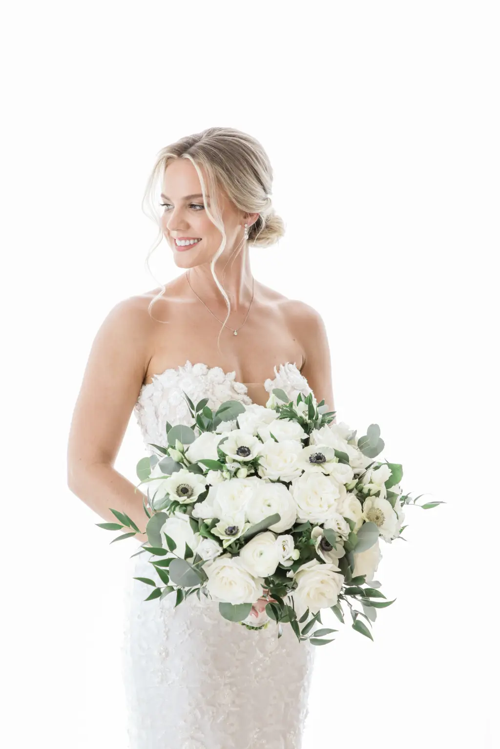 Elegant Wedding Hair and Makeup Inspiration | Low Bridal Bun Chignon Ideas | Monochromatic Bridal Bouquet Ideas with Roses, Anemone, and Greenery | Tampa Bay Photographer Lifelong Photography