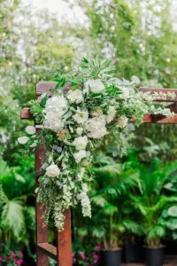White Hydrangeas, Roses, Veronicas, and Greenery Wedding Ceremony Floral Arrangement Arch Decor Inspiration