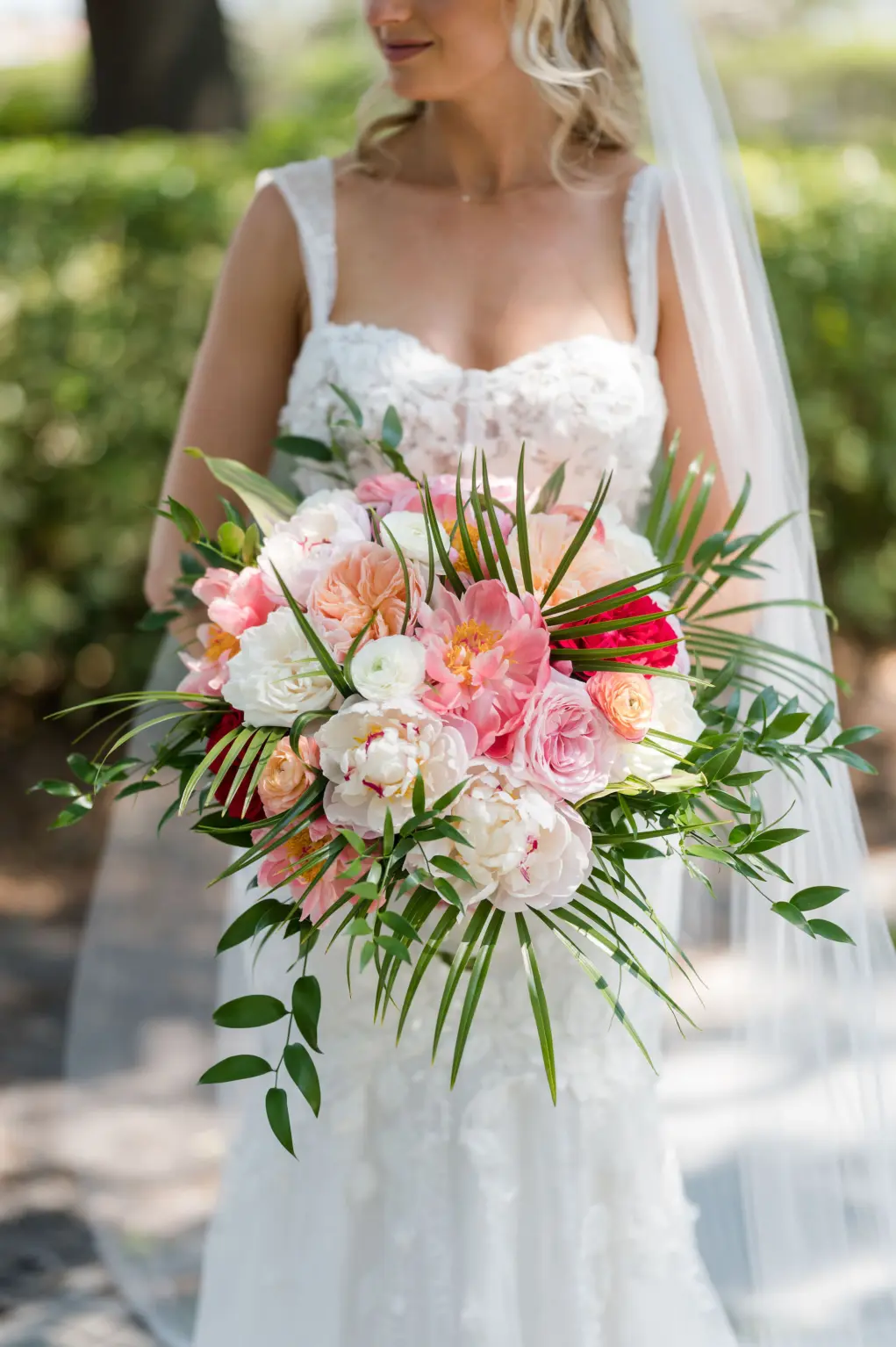 Tropical Spring Pink and Orange Bridal Wedding Bouquet with Greenery Inspiration