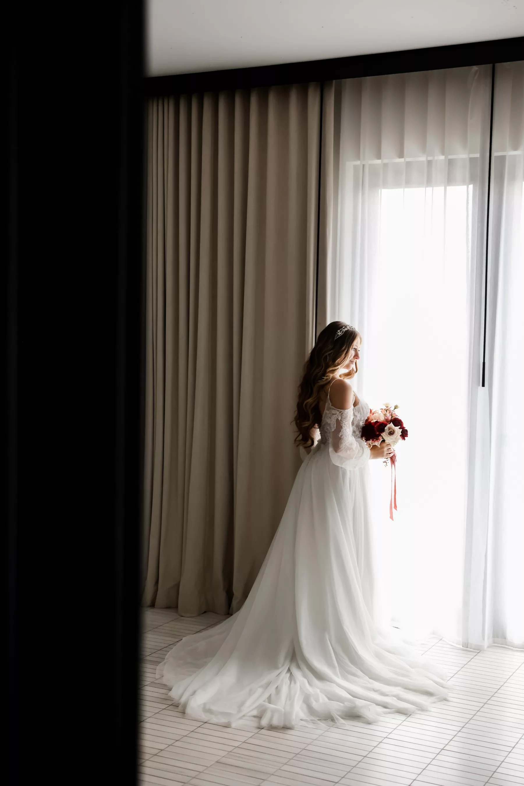Bride Getting Ready Wedding Portrait | White Lace and Tulle Cold Shoulder A-Line Wedding Dress Ideas | Boutique Truly Forever Bridal Tampa | Ybor Photographer Lifelong Photography Studio