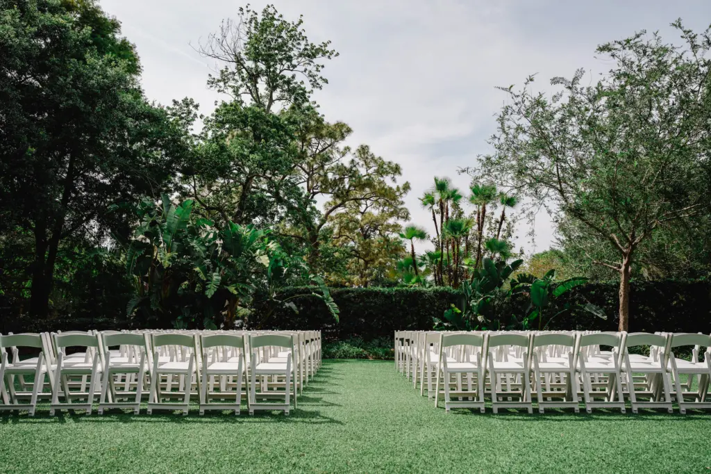 Classic Garden Wedding Ceremony Inspiration | White Folding Garden Chair | Event Venue South Tampa Garden Club Ceremony Inspiration