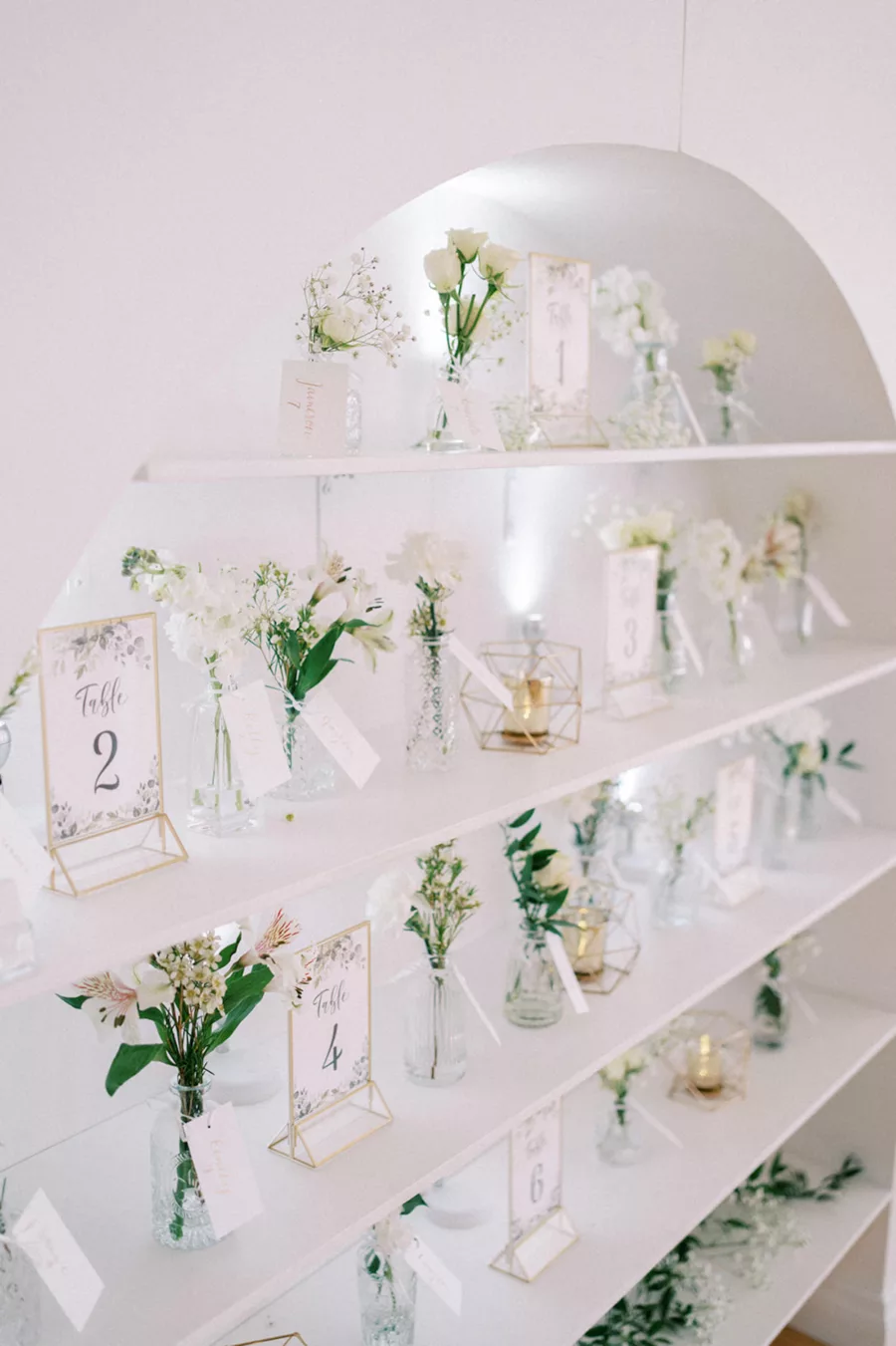 Modern White and Gold Wedding Reception Seating Chart Shelves with Bud Vase Place Cards Inspiration