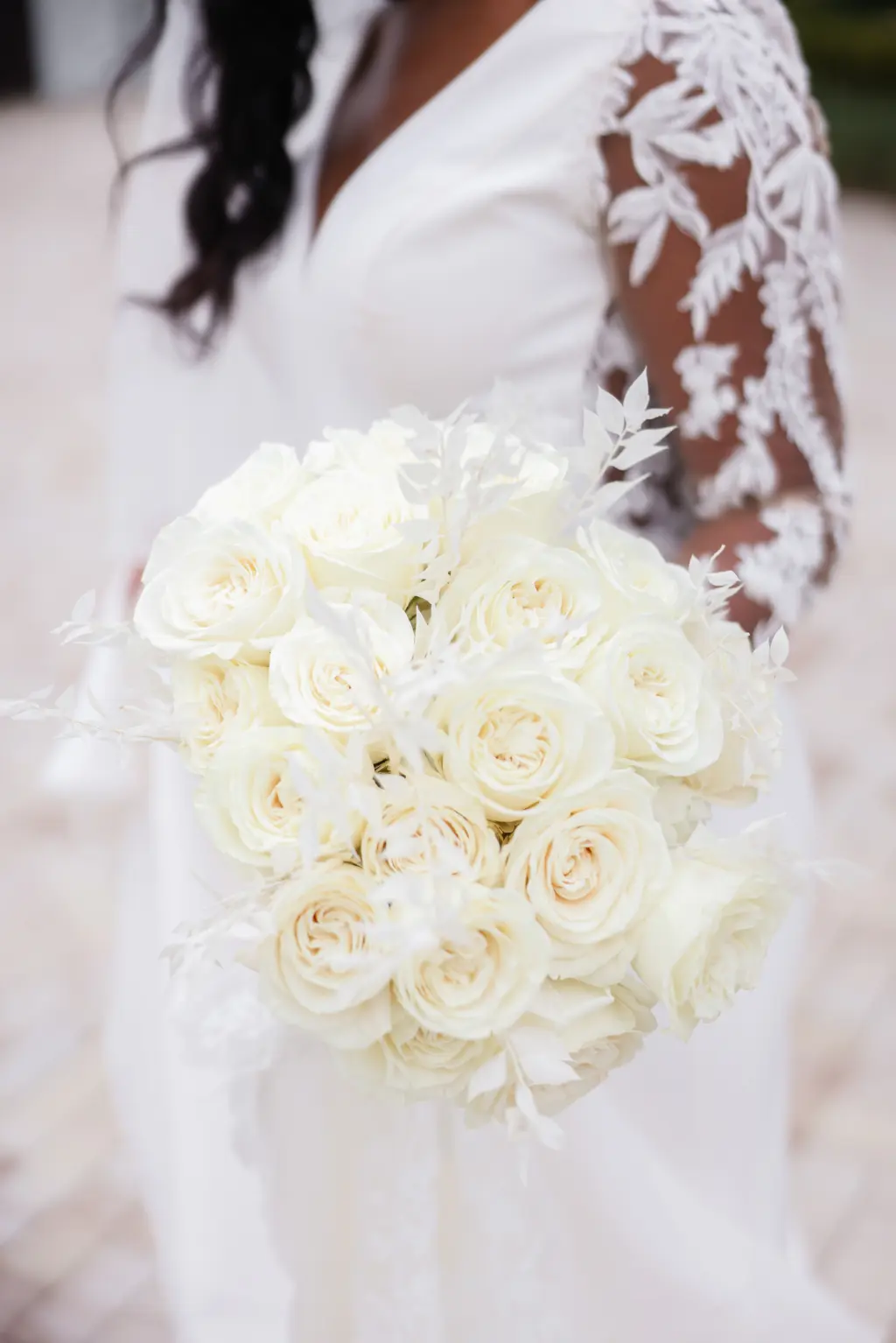 White Roses and Dried Italian Ruscus Monochromatic Wedding Bouquet