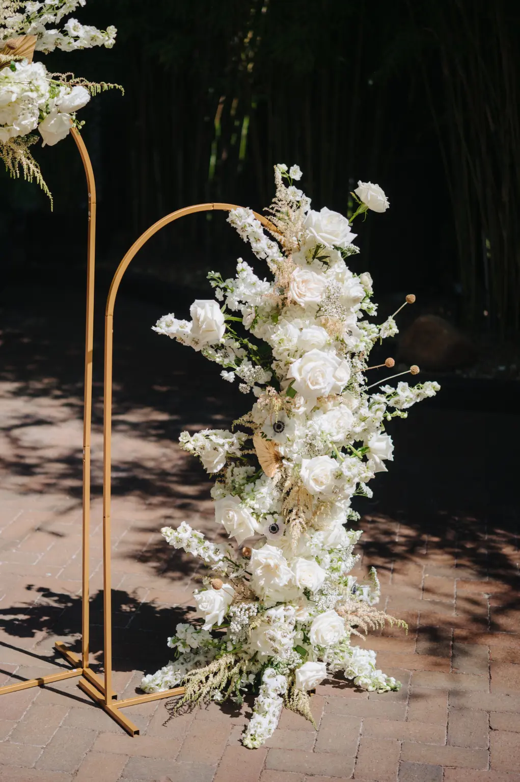 Modern White Wedding Ceremony Flowers Ideas with Gold Arch | Tampa Florist Marigold Flower Co