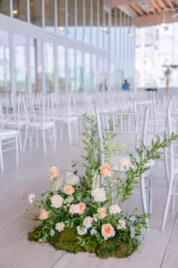 Pink, White, and Orange Roses, and Greenery Garden Wedding Ceremony Aisle Decor Inspiration | Silver Chiavari Chairs