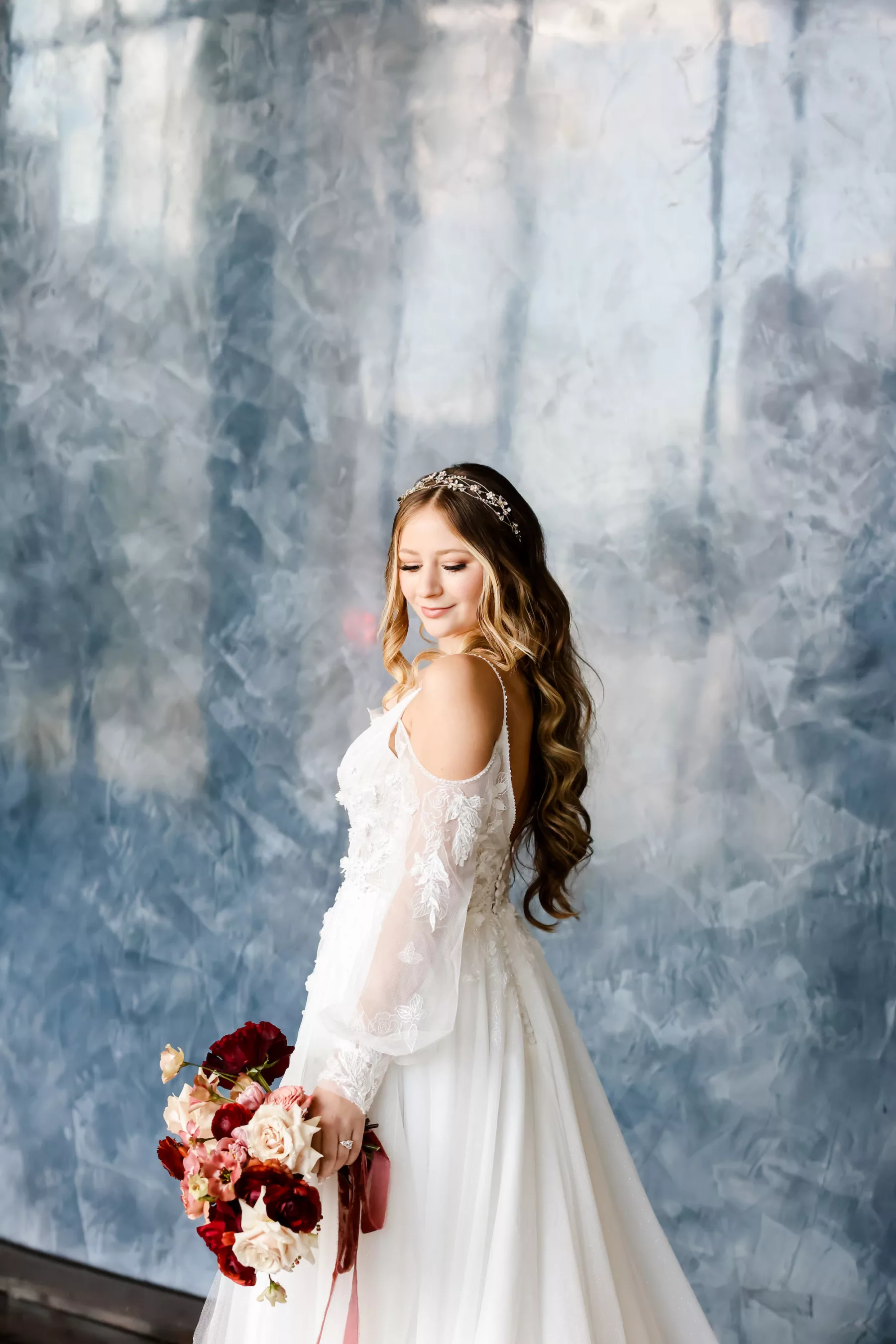Bride Getting Ready Wedding Portrait | White Lace and Tulle Cold Shoulder A-Line Wedding Dress Ideas | Romantic Hair and Makeup Inspiration | Boutique Truly Forever Bridal Tampa | Ybor Photographer Lifelong Photography Studio | Hair and Makeup Artist Adore Bridal Services