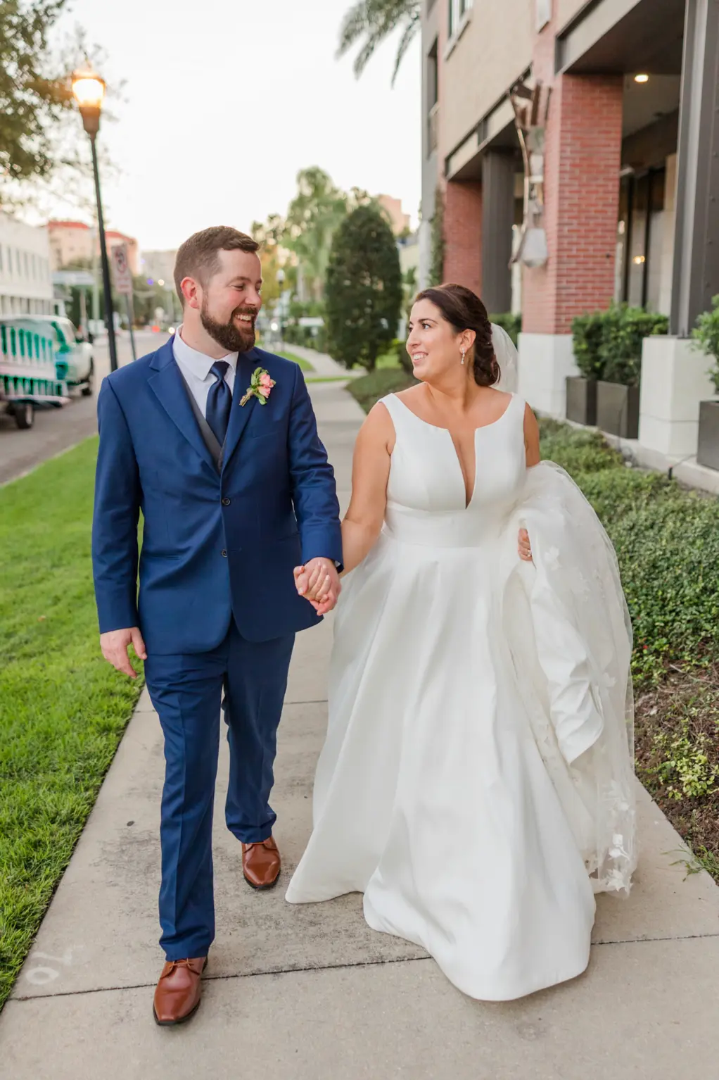 Classic Deep V Boatneck Stella York Ballgown Wedding Dress Inspiration | Bride and Groom Just Married Wedding Portrait | Tampa Bay Photographer Mary Anna Photography
