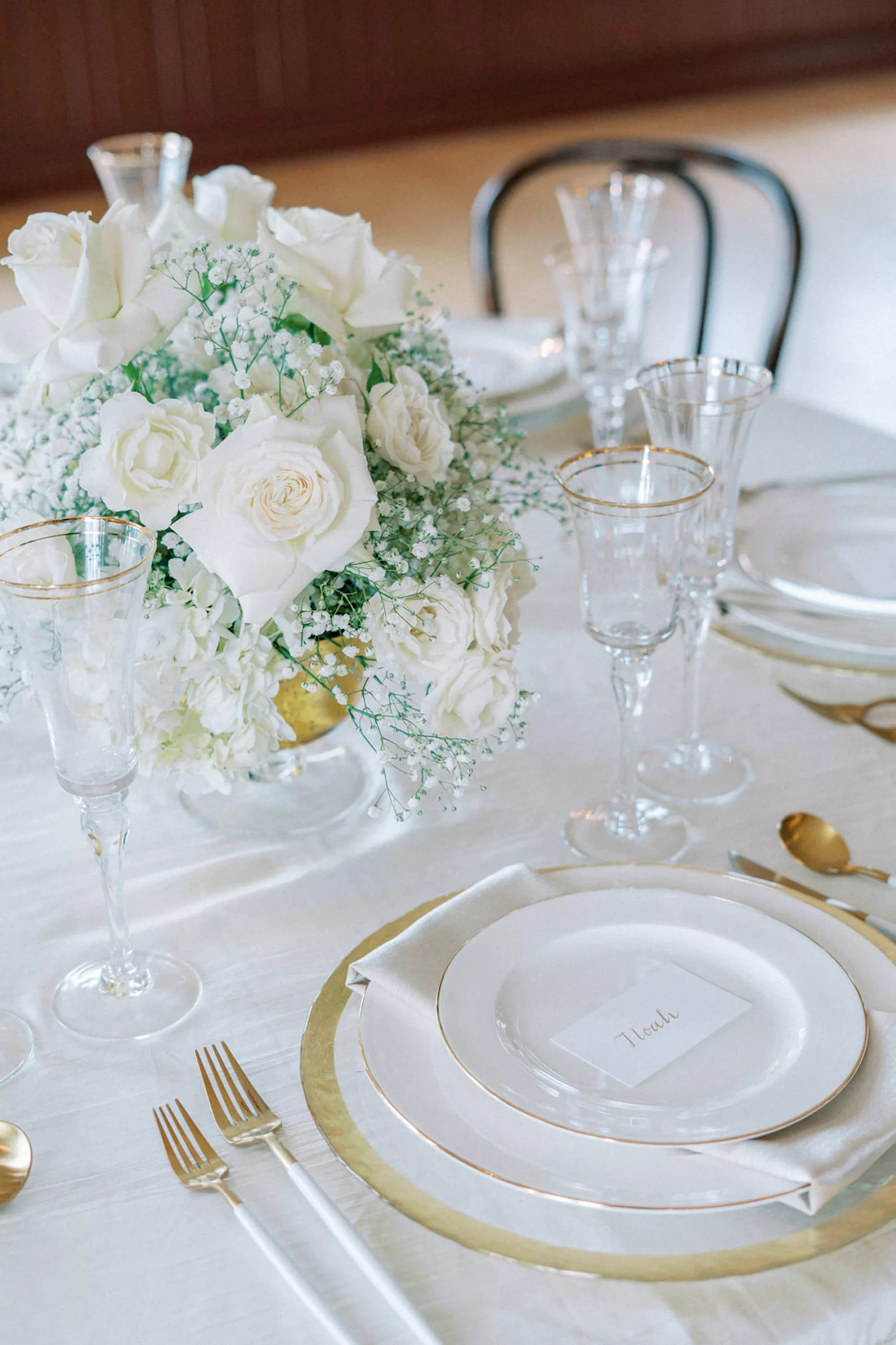 Modern White and Gold Wedding Reception Tablescape Ideas | Monochromatic White Rose and Baby's Breath Centerpiece Decor Inspiration | Tampa Bay Photographer Eddy Almaguer Photography | Ybor Kate Ryan Event Rentals