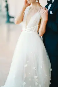 White Tulle Deep V Neckline, A-Line Marchesa Italian Wedding Dress with Floral Applique Inspiration