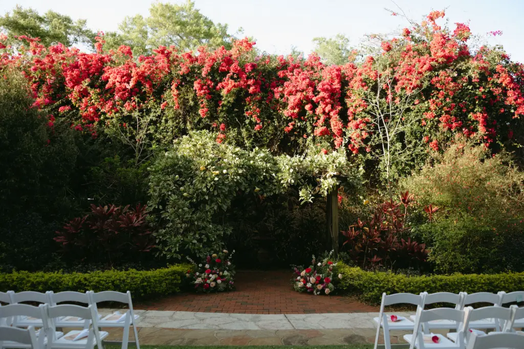 Bougainvillea Backdrop for Pink Garden Wedding Ceremony Altar Decor Inspiration | St. Petersburg Florida Outdoor Event Venue Sunken Gardens