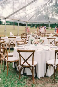 Elegant White and Pink Outdoor Tented Wedding Reception Inspiration | Rustic Wooden Crossback Chairs | Tampa Bay Planner The Olive Tree Weddings