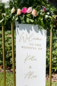 Gold and White Welcome To The Wedding Ceremony Sign Inspiration with Roses and Greenery