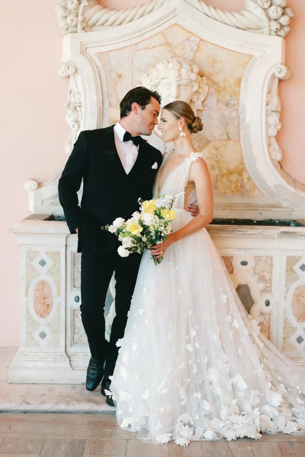 Intimate Bride and Groom Wedding Portrait | Sarasota Photographer Amber Yonker Photography | White Tulle Deep V Neckline, A-Line Marchesa Italian Wedding Dress with Floral Applique Inspiration