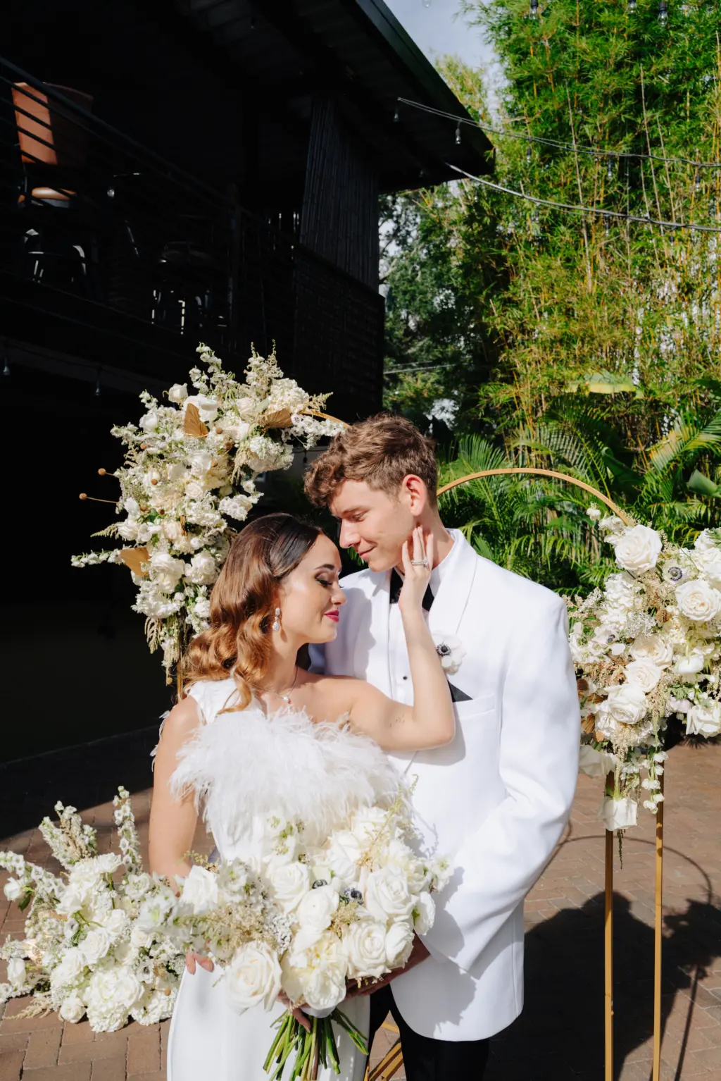 Modern White Wedding Ceremony Flowers Ideas with Gold Arch | Tampa Florist Marigold Flower Co | Photographer Mcneile Photography | Videographer Sabrina Autumn Photography | Planner Kelci Leigh Events