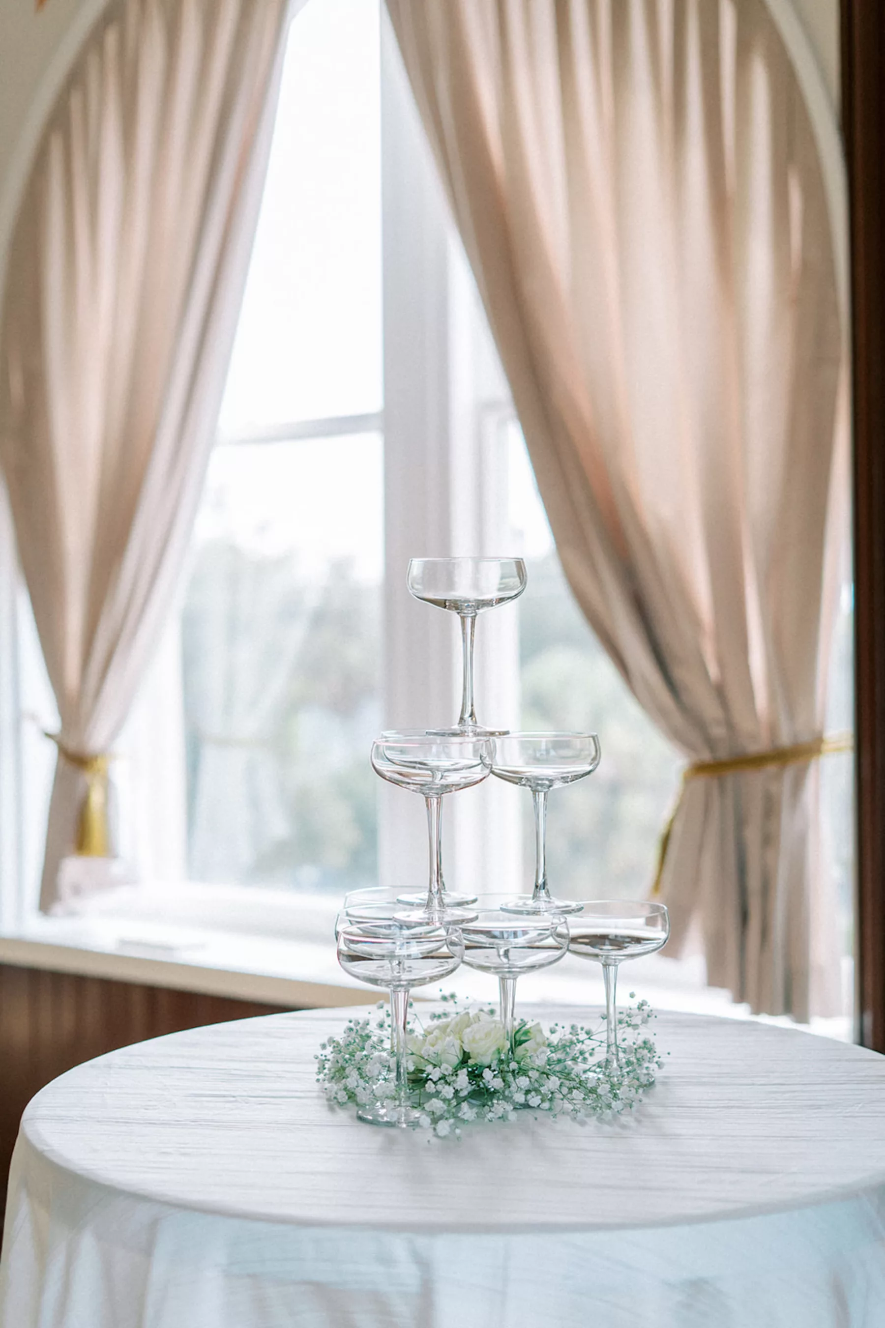 Champagne Tower Inspiration for Classic White Wedding Reception Inspiration