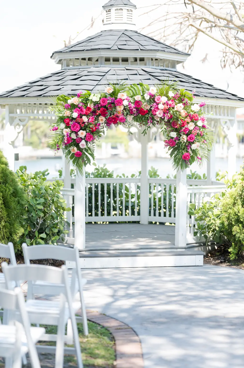 Tropical Pink and White Wedding Ceremony Gazebo Altar Decor Inspiration | Tampa Waterfront Venue Davis Islands Garden Club