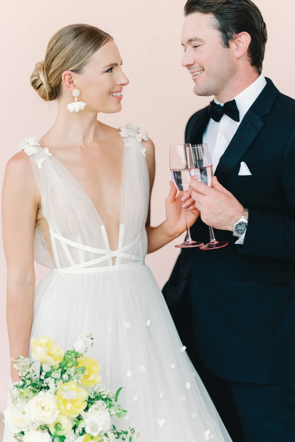 Bride and Groom Sparkling Rose Champagne Toast Celebration Wedding Portrait
