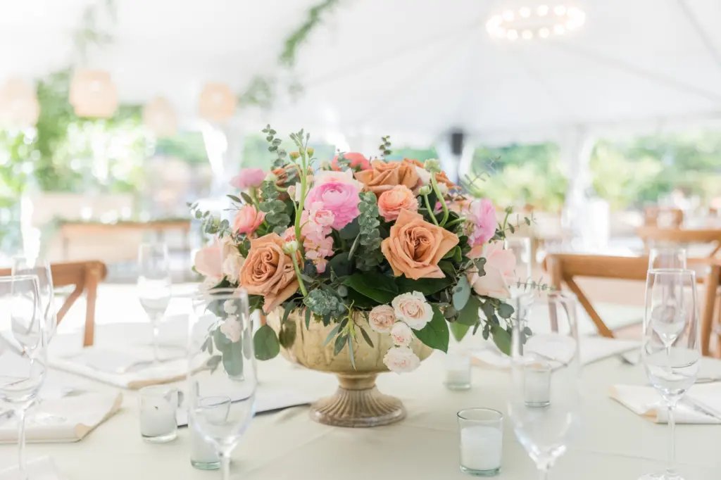 Greenery, Orange and Pink Rose Centerpiece Inspiration for Garden Wedding Reception