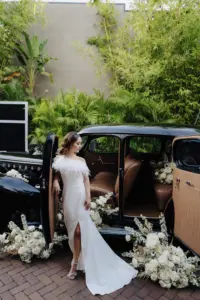 Bride with Getaway Car for Modern Great Gatsby Inspired Wedding | St Pete Car Rental Service Classically Ever After