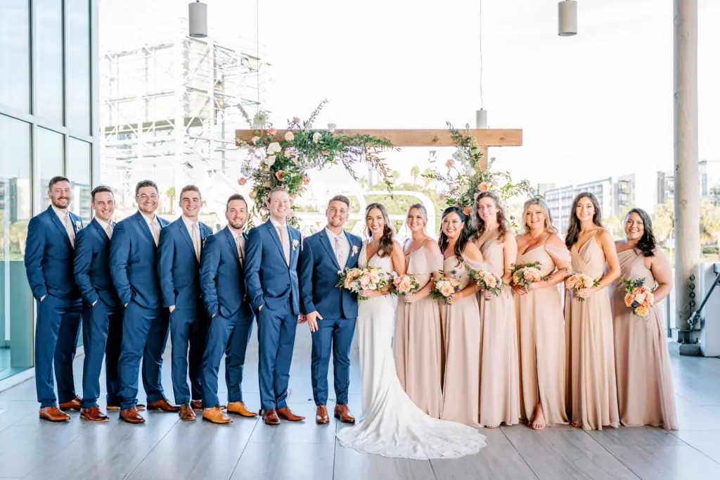 Bride and Groom with Wedding Party | Navy Suits and Neutral Beige Taupe Chiffon Bridesmaids Dress Inspiration