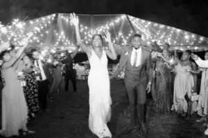 Black and White Bride and Groom Grand Exit | Sparkler Send-off Ideas | Clear Tented Wedding Reception Inspiration