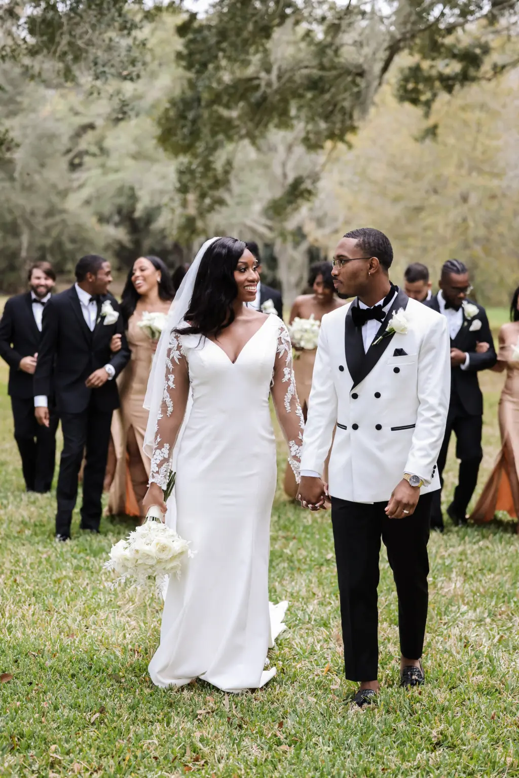 White and Black Groom Tuxedo Inspiration | Sheer Lace Long Sleeve Fit and Flare Wedding Dress Ideas | Tampa Photographer Lifelong Photography Studio