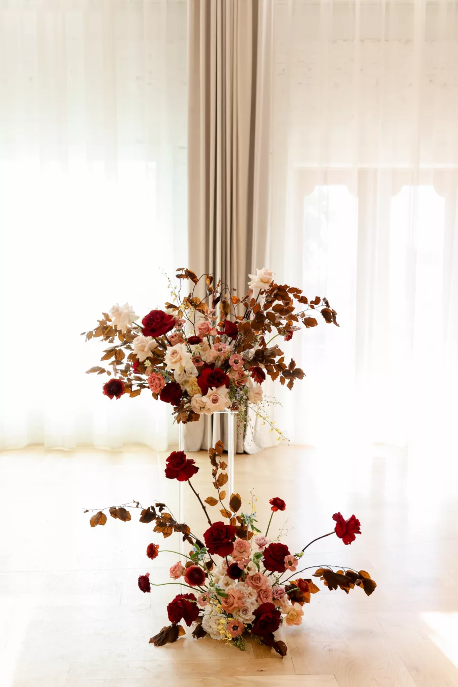 Whimsical Red, Pink, and White Rose Wedding Ceremony Altar Decor Inspiration