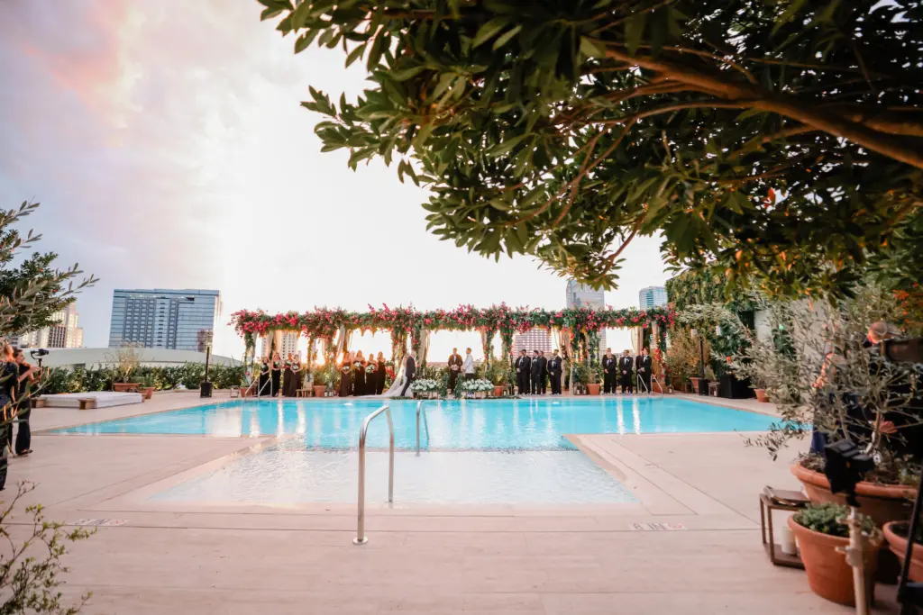 Intimate Rooftop Poolside Wedding Ceremony Decor Inspiration | Downtown Event Venue The Edition Hotel Tampa Water Street Rooftop at Sunset