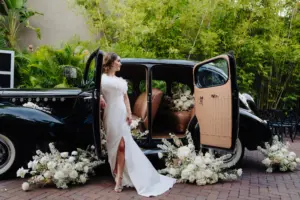 Bride with Getaway Car for Modern Great Gatsby Inspired Wedding | St Pete Car Rental Service Classically Ever After