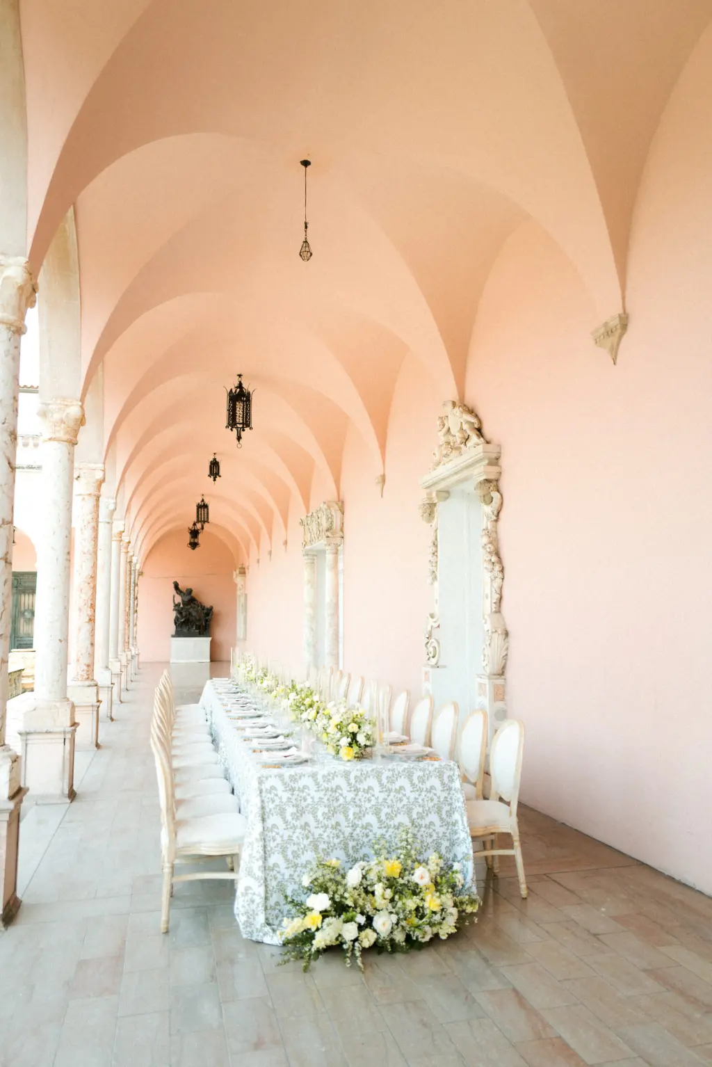 Intimate Italian Outdoor Wedding Reception | Long Feasting Table Inspiration with Damask Table Linen and Louis Chairs | Sarasota Venue The Ringling Museum and Gardens
