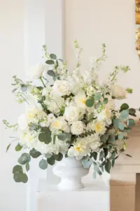 White Rose, Stock Flowers, Hydrangeas, Eucalyptus and Greenery Flower Arrangement | Elegant White and Green Wedding Reception Decor Ideas | Sarasota Florist Beneva Flowers and Plantscapes