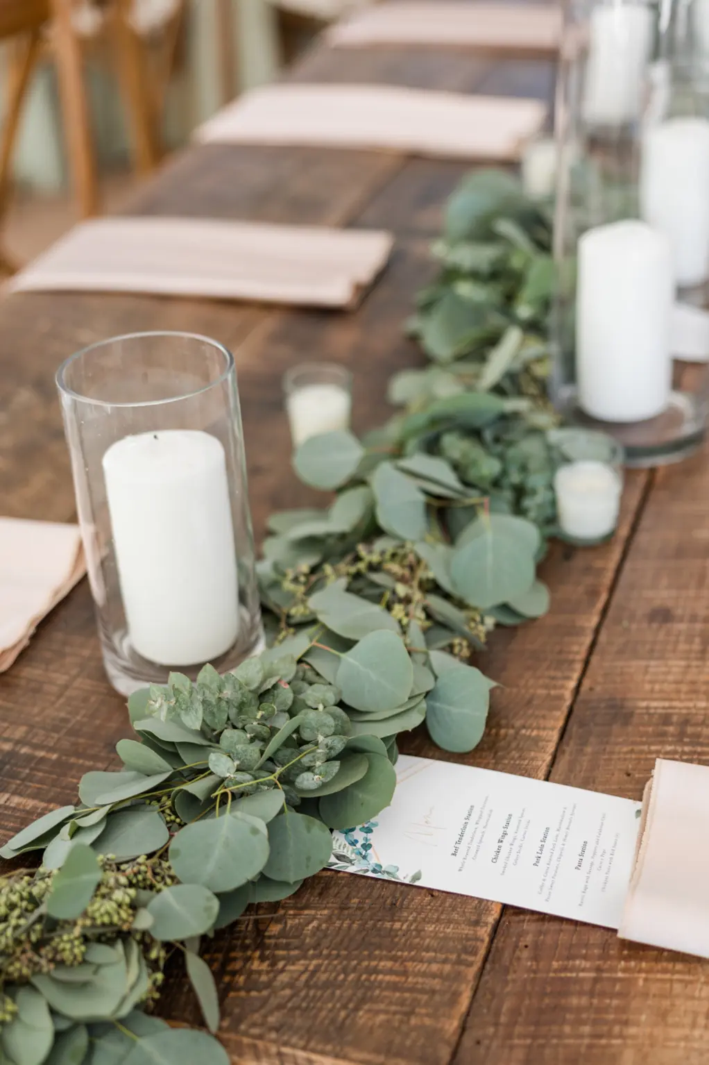 Eucalyptus Garland and Pillar Candle Centerpiece Ideas | Wedding Reception Menu Card Inspiration