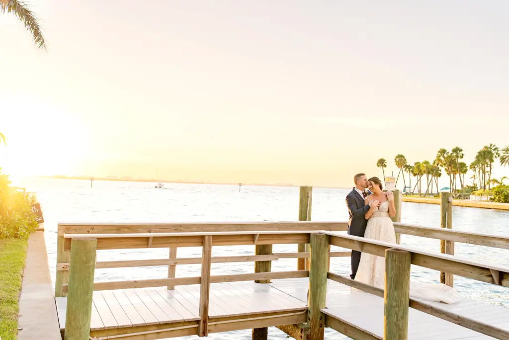 Bride and Groom Sunset Dock Wedding Portrait | Ritz Carlton Sarasota