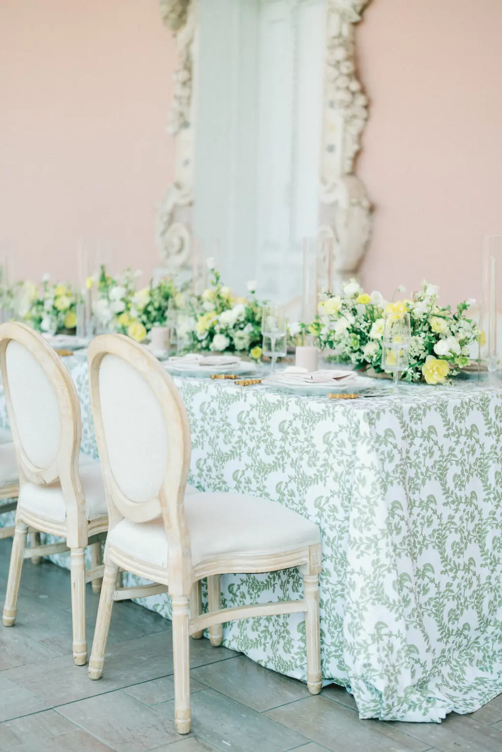 Summer Italian Damask Pattern Tablecloth Linen with Whitewash Louis Chairs and White and Pink Rose Flower Wedding Reception Centerpiece Decor Inspiration