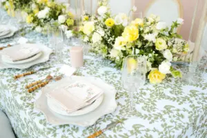 White and Yellow Floral Centerpieces for Italian Inspired Summer Decor Wedding | Vine Damask Tablecloth Linen with Bamboo Flatware and Charger Plates Table-Setting Ideas