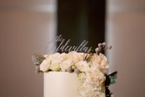 Custom Gray Last Name Wedding Cake Topper with White Roses Inspiration